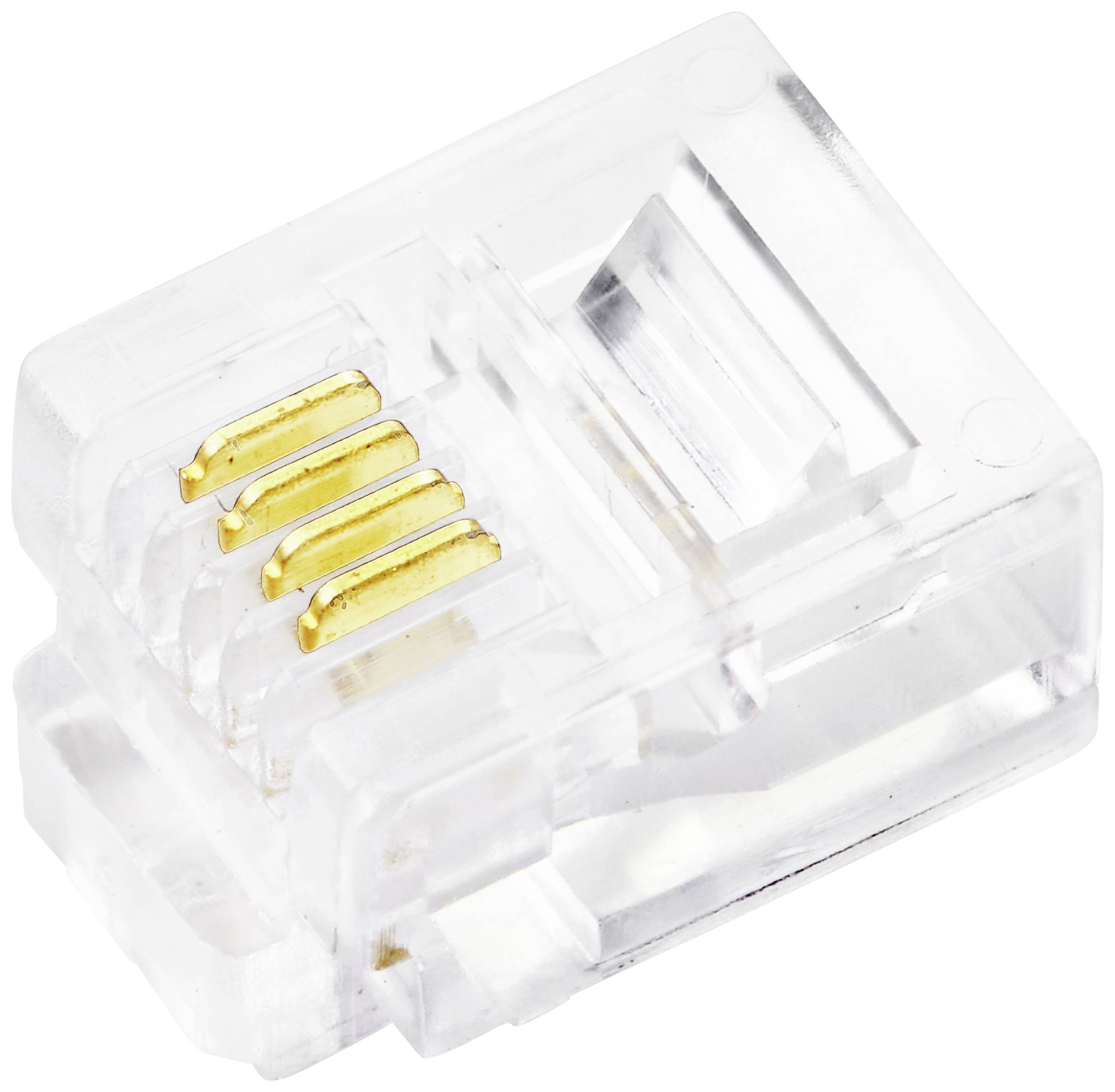 Un connecteur RJ-45 en plastique transparent avec des contacts dorés, habituellement utilisé pour les connexions de câbles réseau.