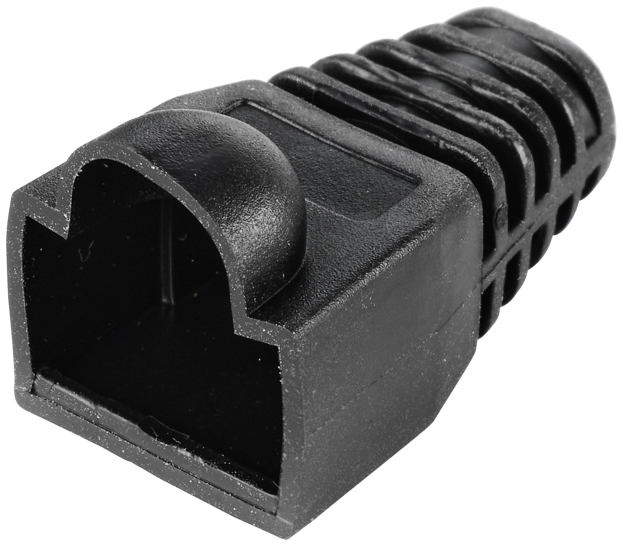 Protecteur noir pour connecteur RJ45 à structure nervurée et extrémité arrondie, protège les fiches réseau contre les dommages.