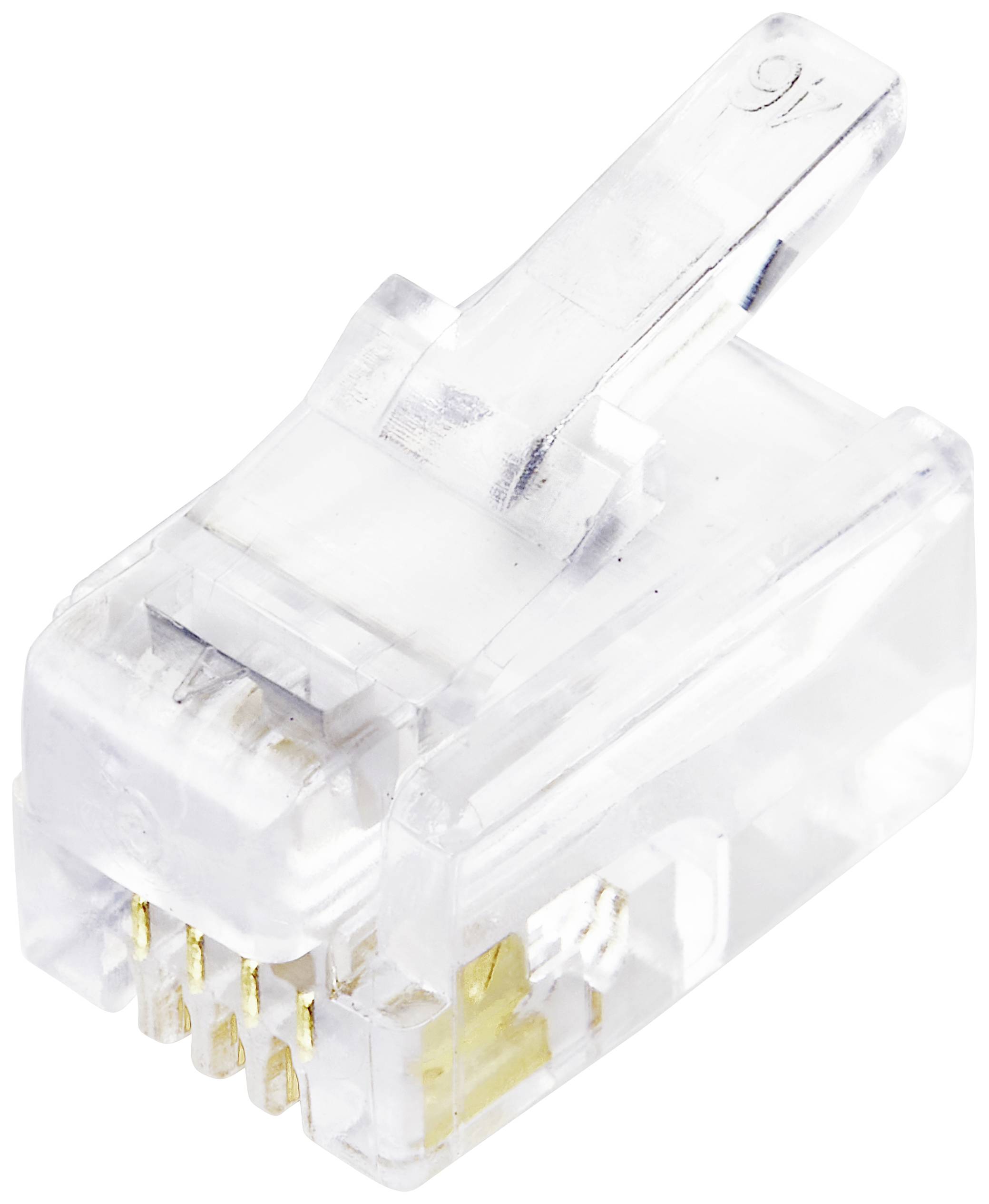 Un connecteur RJ45 transparent unique pour les connexions Ethernet, avec les contacts dorés et le clip de verrouillage visibles.