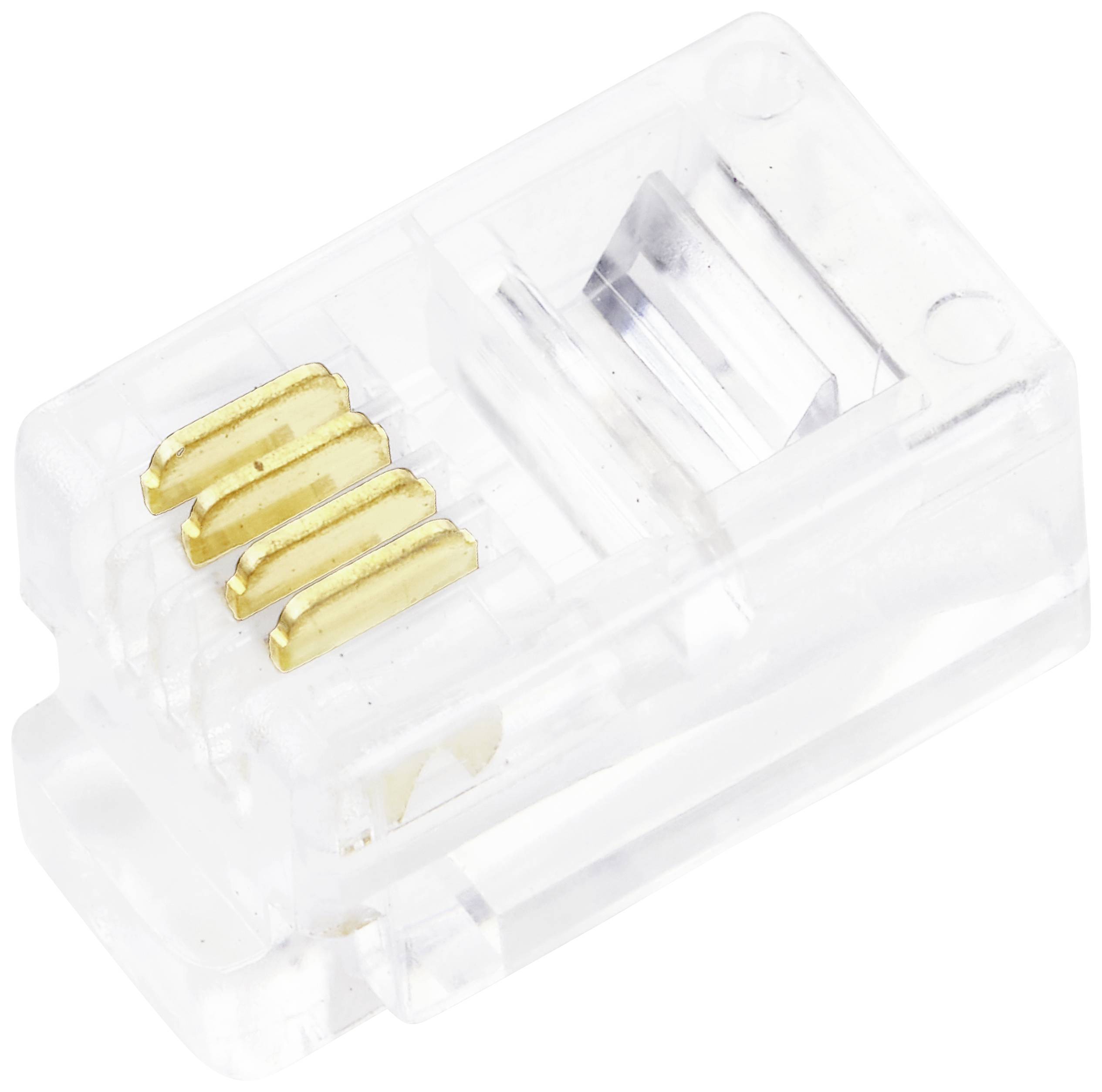 Un connecteur RJ45 transparent avec des broches de contact dorées, utilisé pour les connexions de câbles réseau dans les réseaux informatiques.