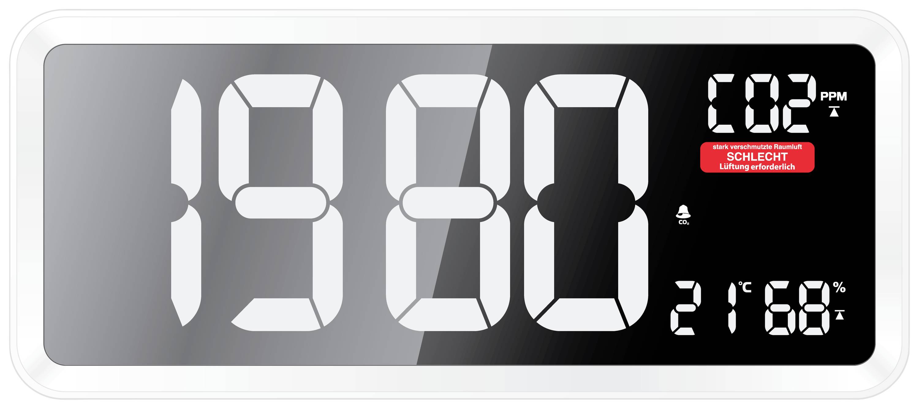 Horloge numérique avec affichage du CO2 indiquant '1980 ppm', marqué en rouge comme 'Mauvais'. Température : 21,6°C. La qualité de l'air nécessite une amélioration.