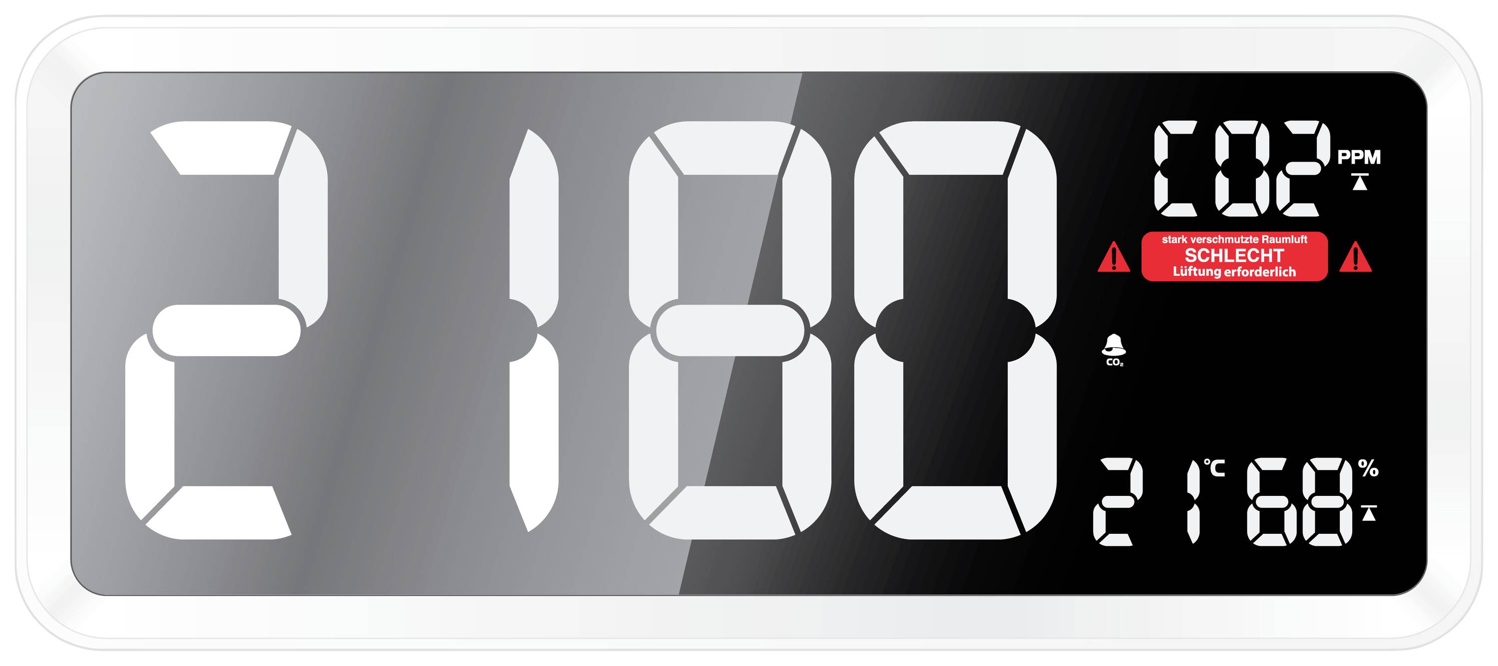 L'image montre un affichage numérique avec une valeur de CO2 de 2100 ppm et un indicateur de température de 21,6°C. Un symbole d'avertissement signale une mauvaise qualité de l'air.