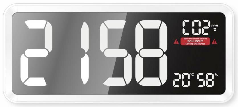 Horloge électronique avec affichage du CO2, indiquant '21:58' pour l'heure et 'CO2 PPM 1278' avec l'avertissement 'MAUVAIS - Ventilation nécessaire'.