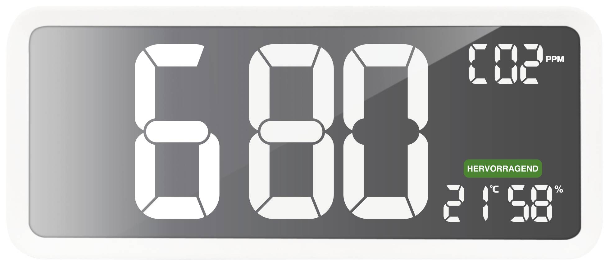 Affichage numérique indique 'CO2 680 PPM'. Température '21,5°C'. Statut : 'Excellent'.