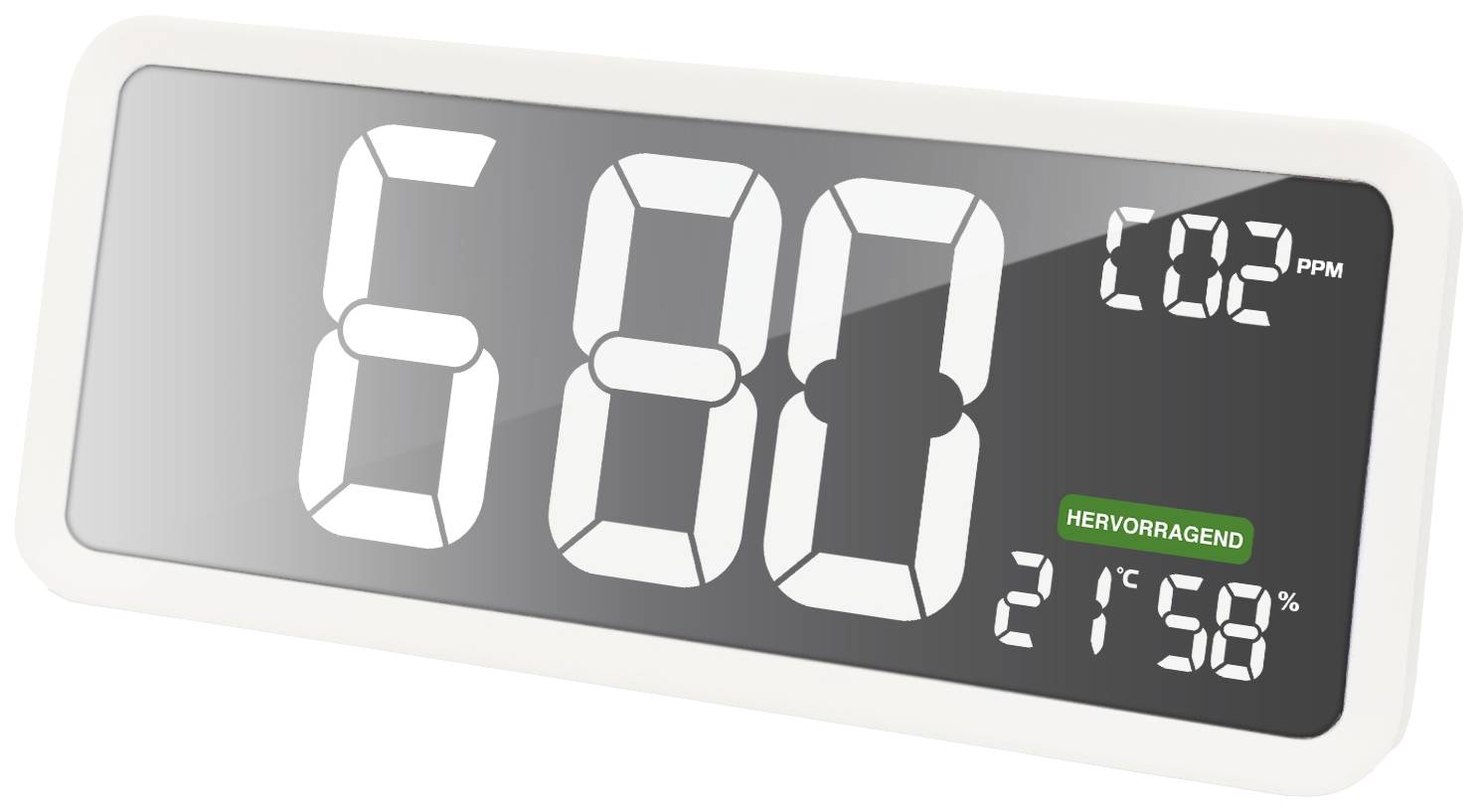 Appareil de mesure du CO2 affiche 600 ppm. En bas à droite : 'Excellent'. En bas : 21°C et 58% d'humidité. L'écran est en noir et blanc.