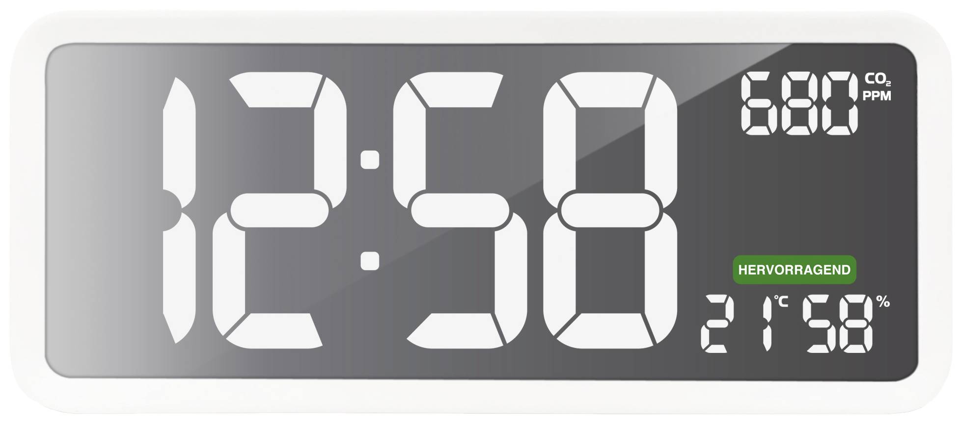 Horloge numérique affiche 12:58, taux de CO2 680 ppm, qualité de l'air 'Excellente', température 21,5°C.