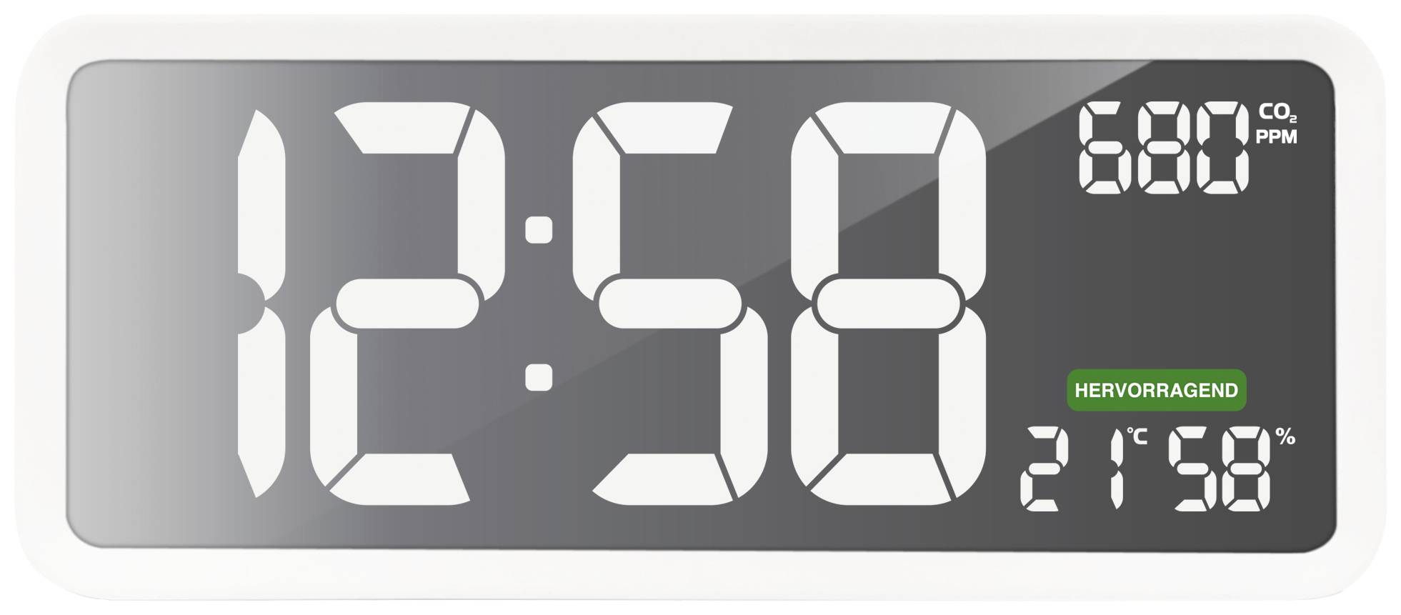 Horloge numérique affichant l'heure '12:58', taux de CO₂ '680 ppm', et température '21°C, 58%'. Qualité de l'air évaluée comme 'excellente'.