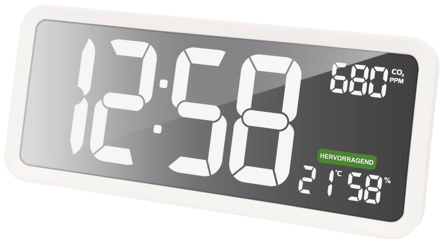 Horloge numérique avec affichage du CO2 : Heure '12:58', valeur de CO2 '680 ppm' et température '21,5°C', avec statut d'évaluation 'Excellent'.