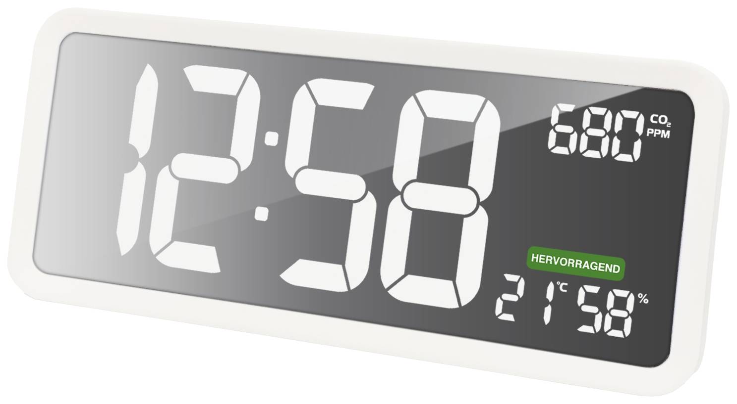 Affichage numérique de l'heure indiquant '12:58', taux de CO2 '680 ppm' et humidité de l'air '21%', évalués comme 'Excellent'.