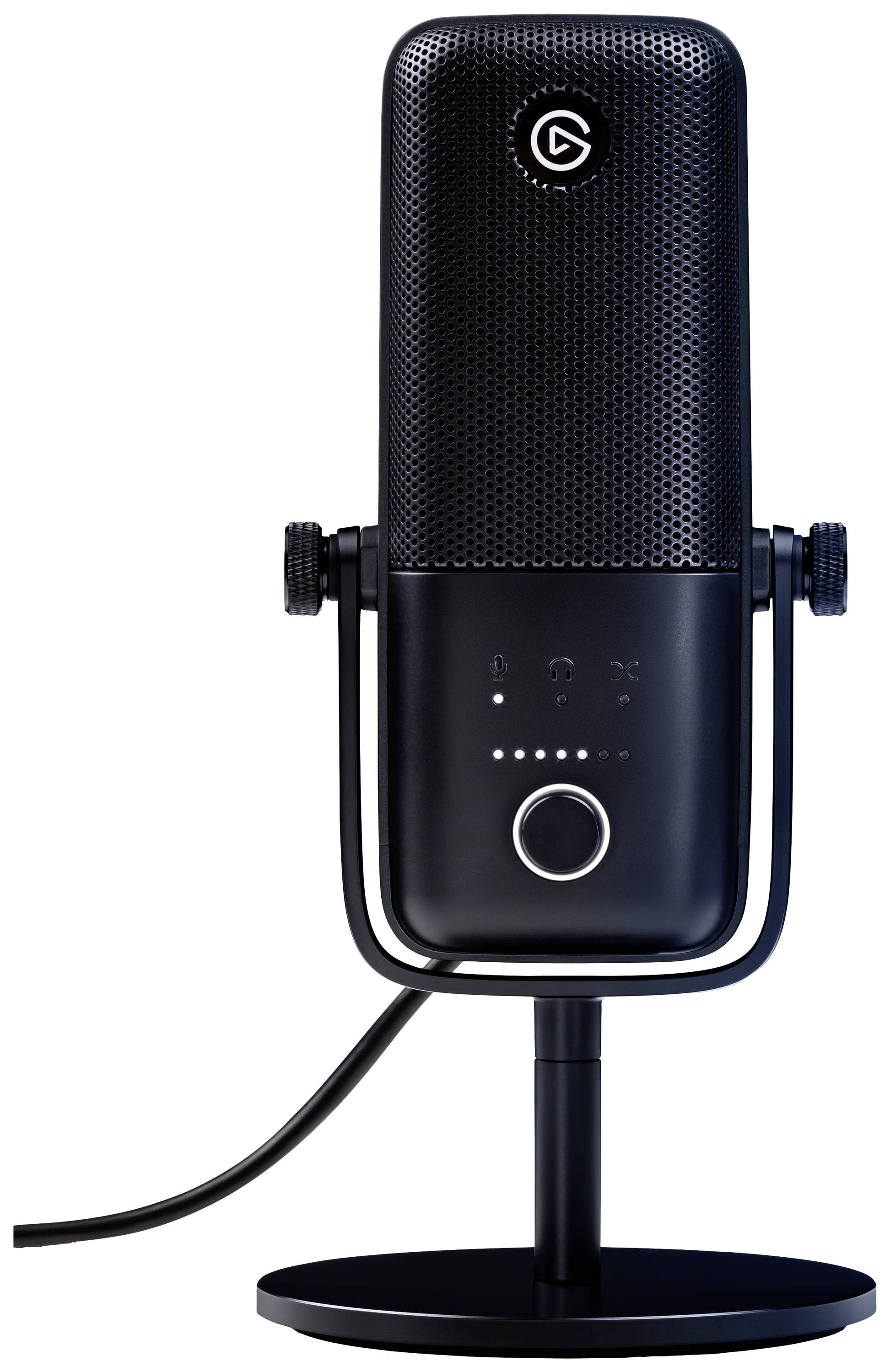 Microphone noir sur pied, avec des boutons de réglage sur les côtés et une connexion USB. Adapté pour les enregistrements audio et le streaming.