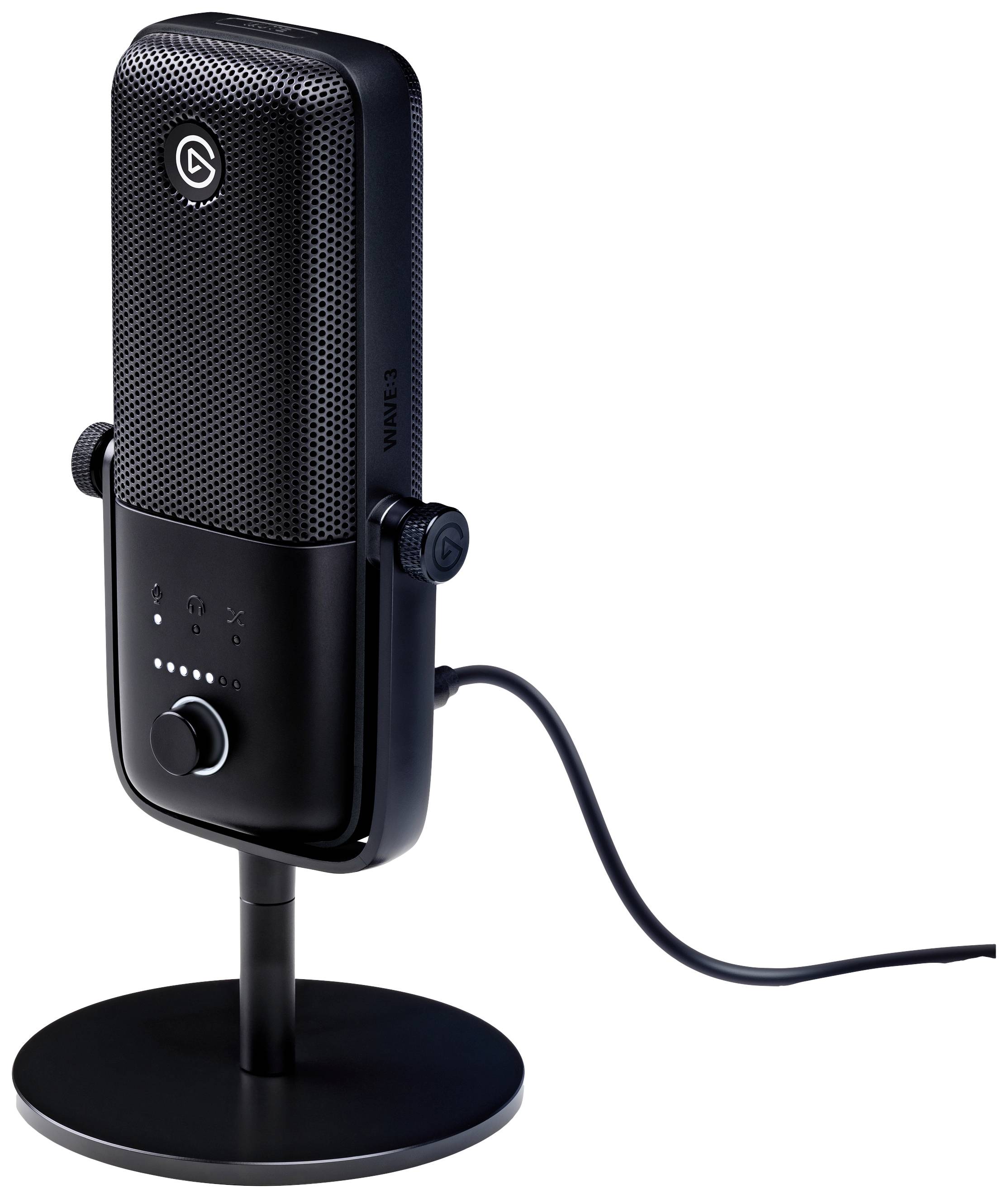 Microphone noir sur un support, avec boutons de réglage et câble connecté, idéal pour les enregistrements sonores ou le podcasting.