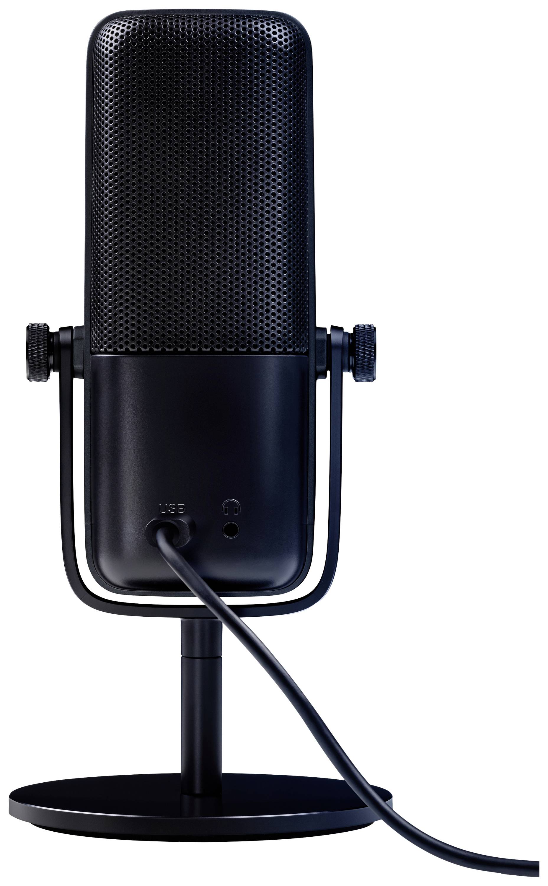 Un microphone noir sur pied, orienté de face, avec un câble connecté. Il repose sur un socle rond.