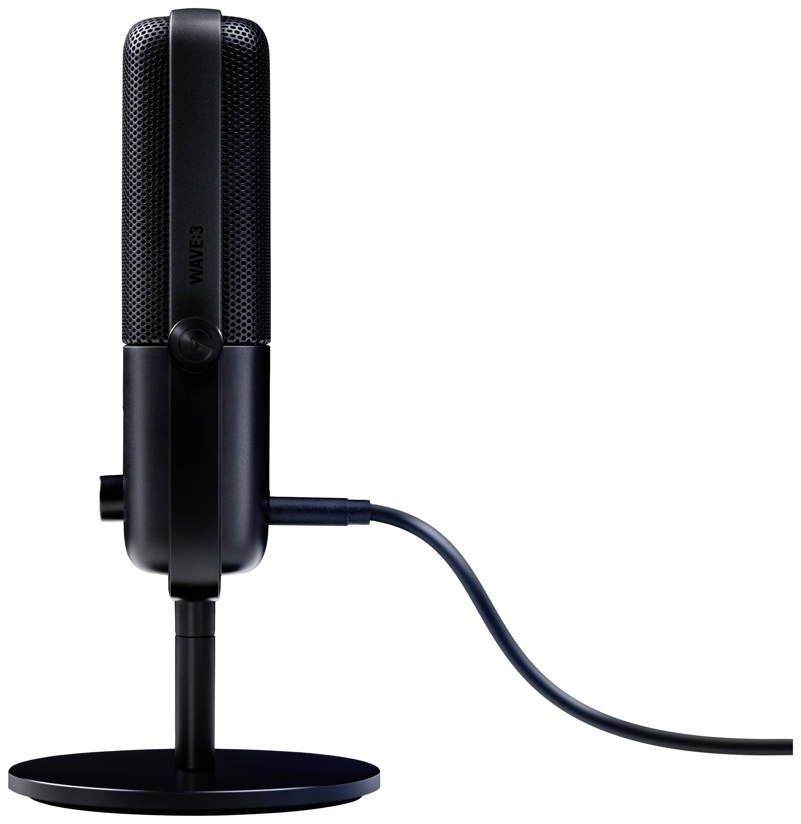 Un microphone noir sur un support, vu de côté, avec un câble connecté.