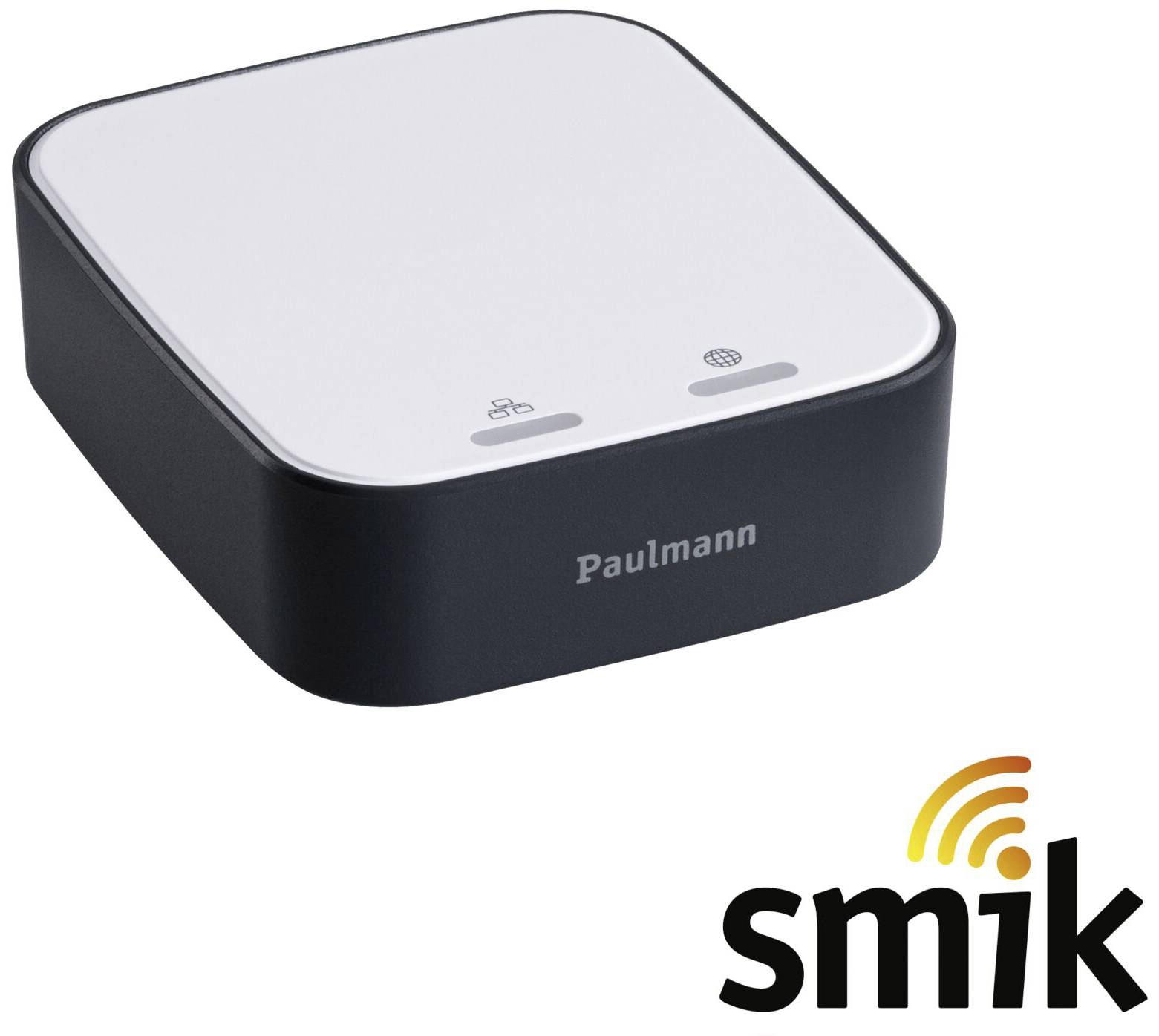 Un hub domotique noir de Paulmann avec un dessus blanc et deux symboles. En bas à droite, le logo 'smik' avec un symbole de transmission radio.