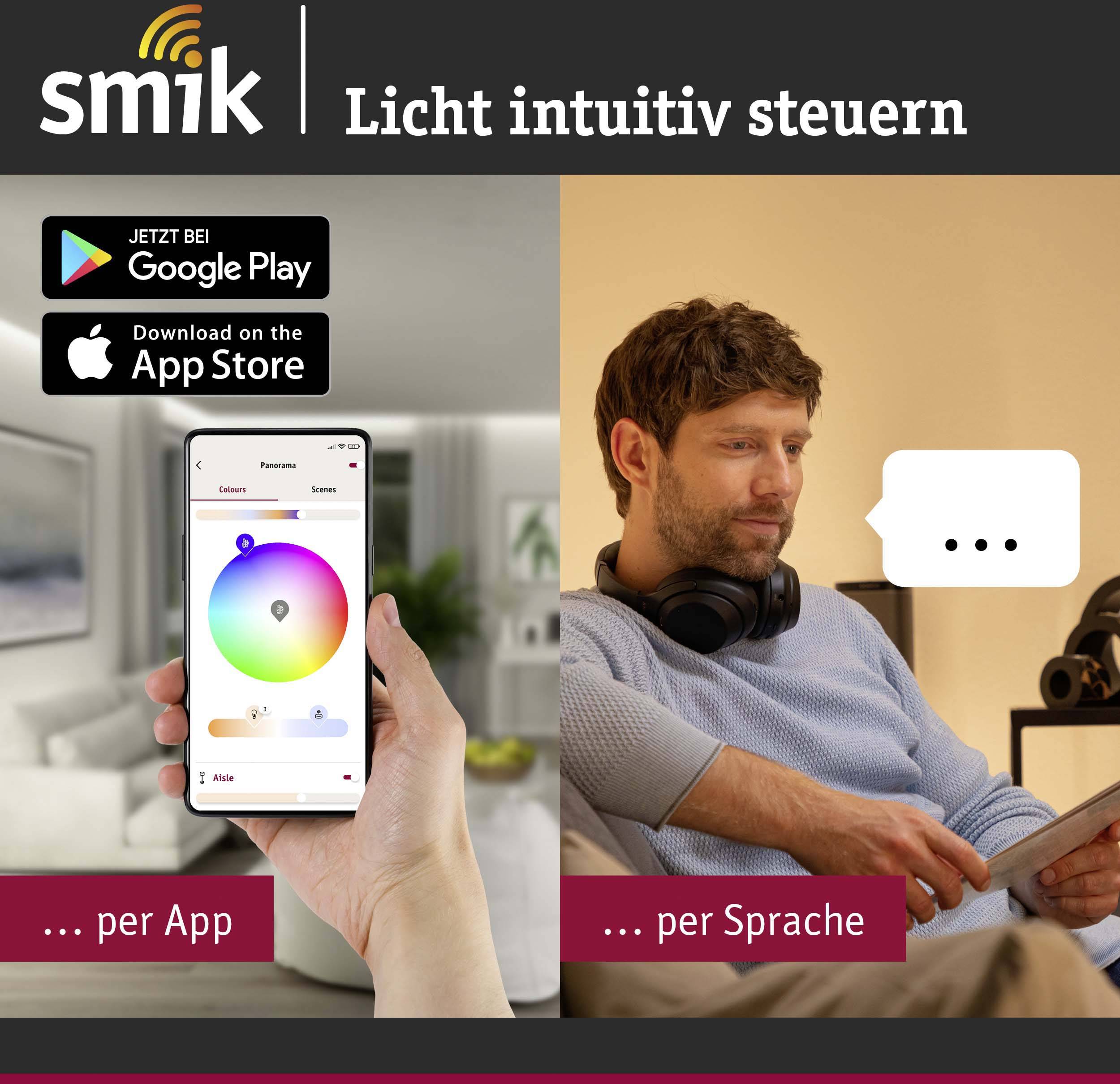 'Smik : Contrôler la lumière de manière intuitive'. Deux images : À gauche, une application sur smartphone avec une palette de couleurs. À droite, une personne avec une tablette parlant de la commande d'éclairage.