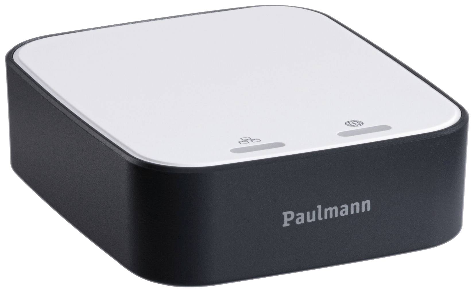 Un appareil électronique carré aux coins arrondis portant l'inscription 'Paulmann'. Il présente deux symboles sur sa face supérieure.