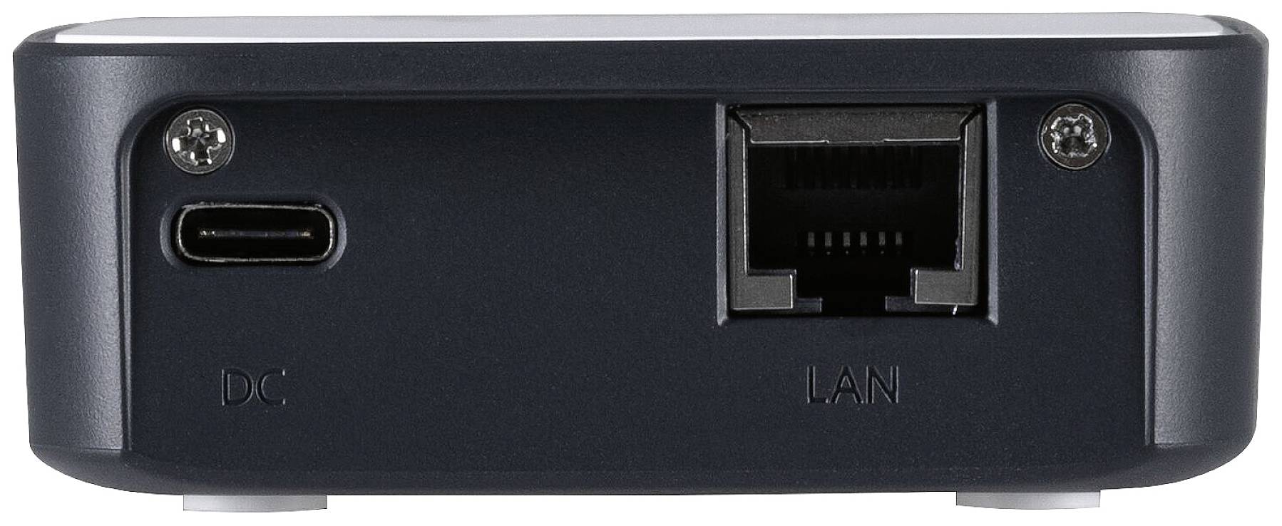 Arrière d'un appareil avec des ports USB-C et LAN, ainsi que deux vis aux coins. Les inscriptions 'DC' et 'LAN' sont visibles.
