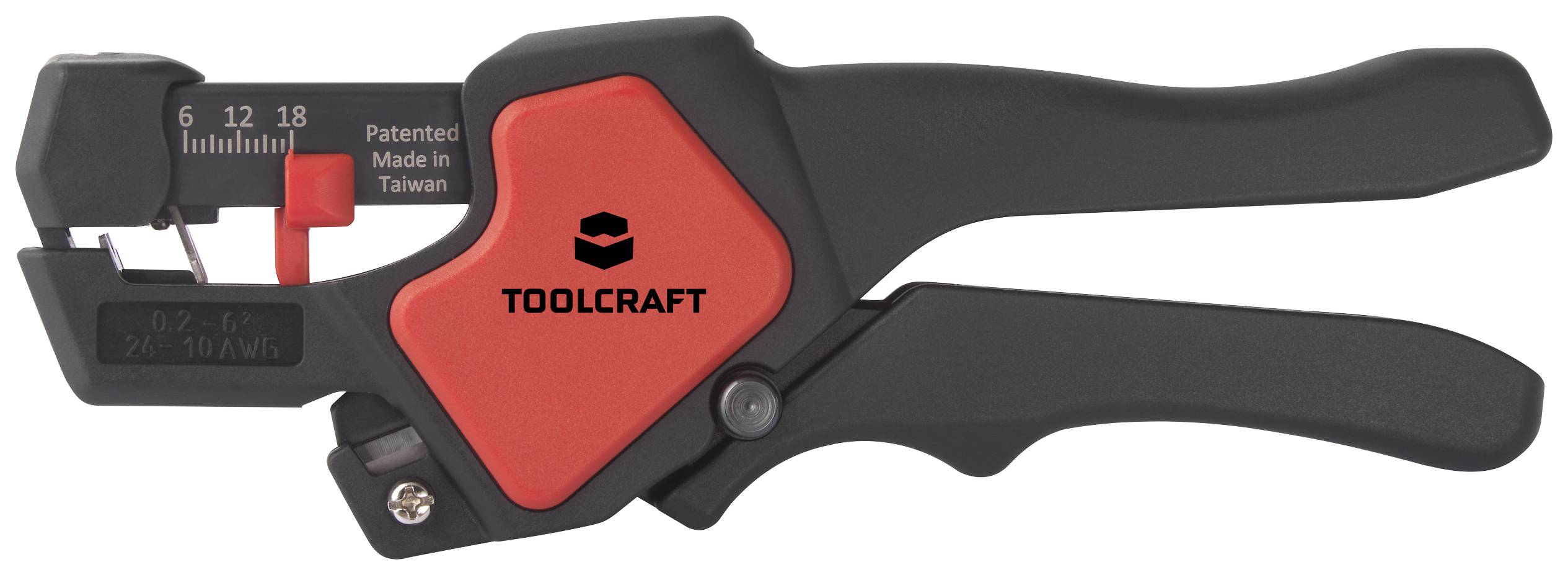 Outil de dénudage de câbles, noir et rouge, portant l'inscription 'TOOLCRAFT' et une échelle de mesure de longueur de 6 à 18 mm.