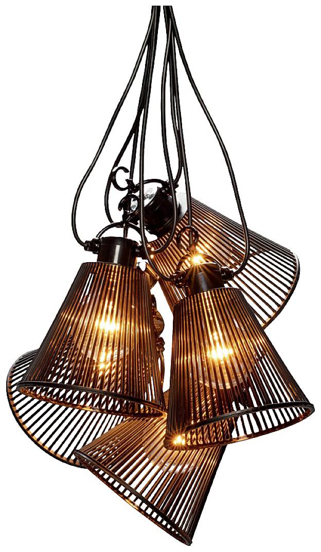 Suspension multiple en métal noir avec des ampoules à incandescence à lumière chaude. La lampe présente un abat-jour moderne au design quadrillé.
