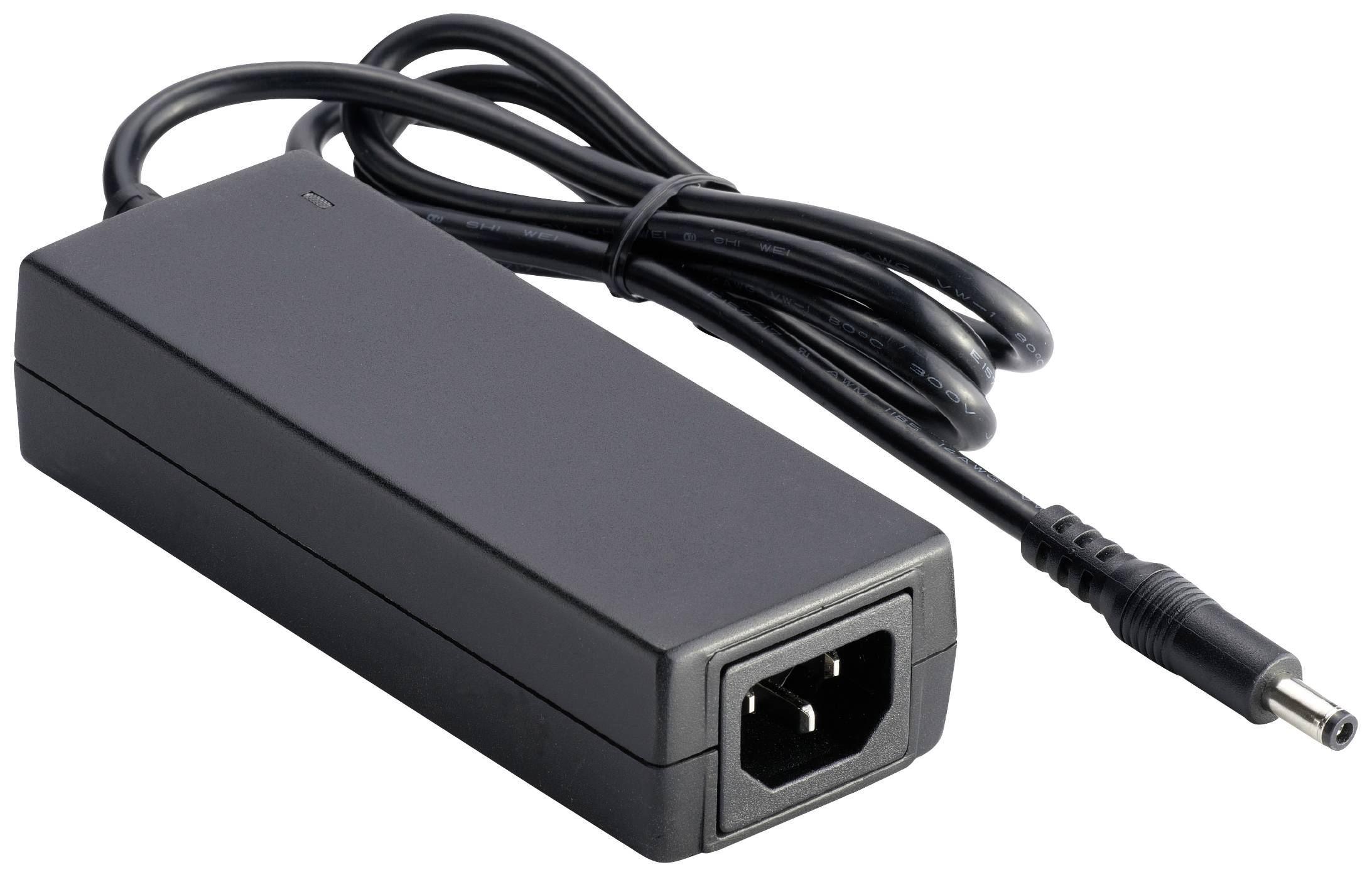 Un chargeur d'alimentation noir avec un câble fin et une fiche, adapté aux appareils électroniques.