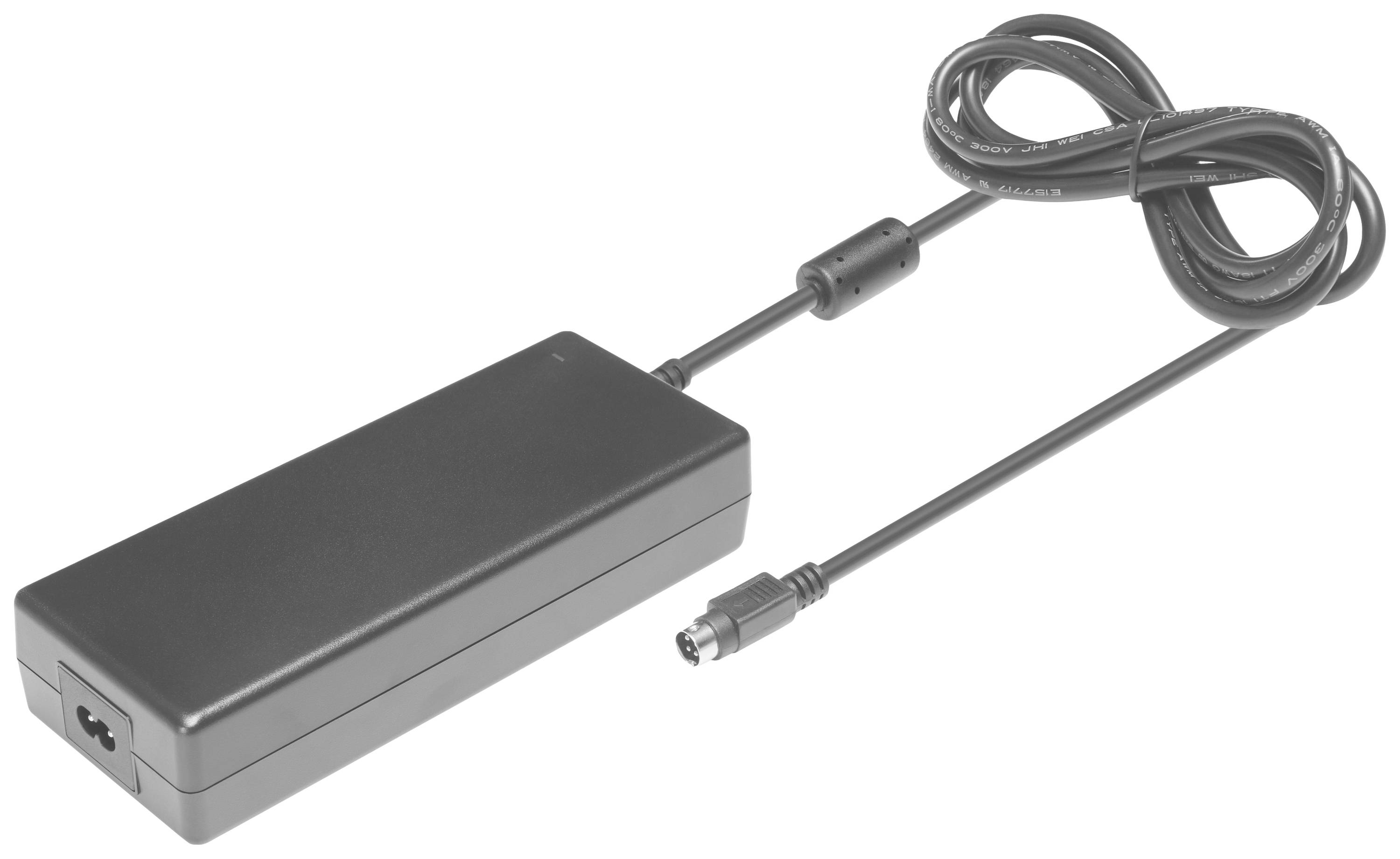Un bloc d'alimentation noir avec un long câble de connexion fin et une fiche ronde.