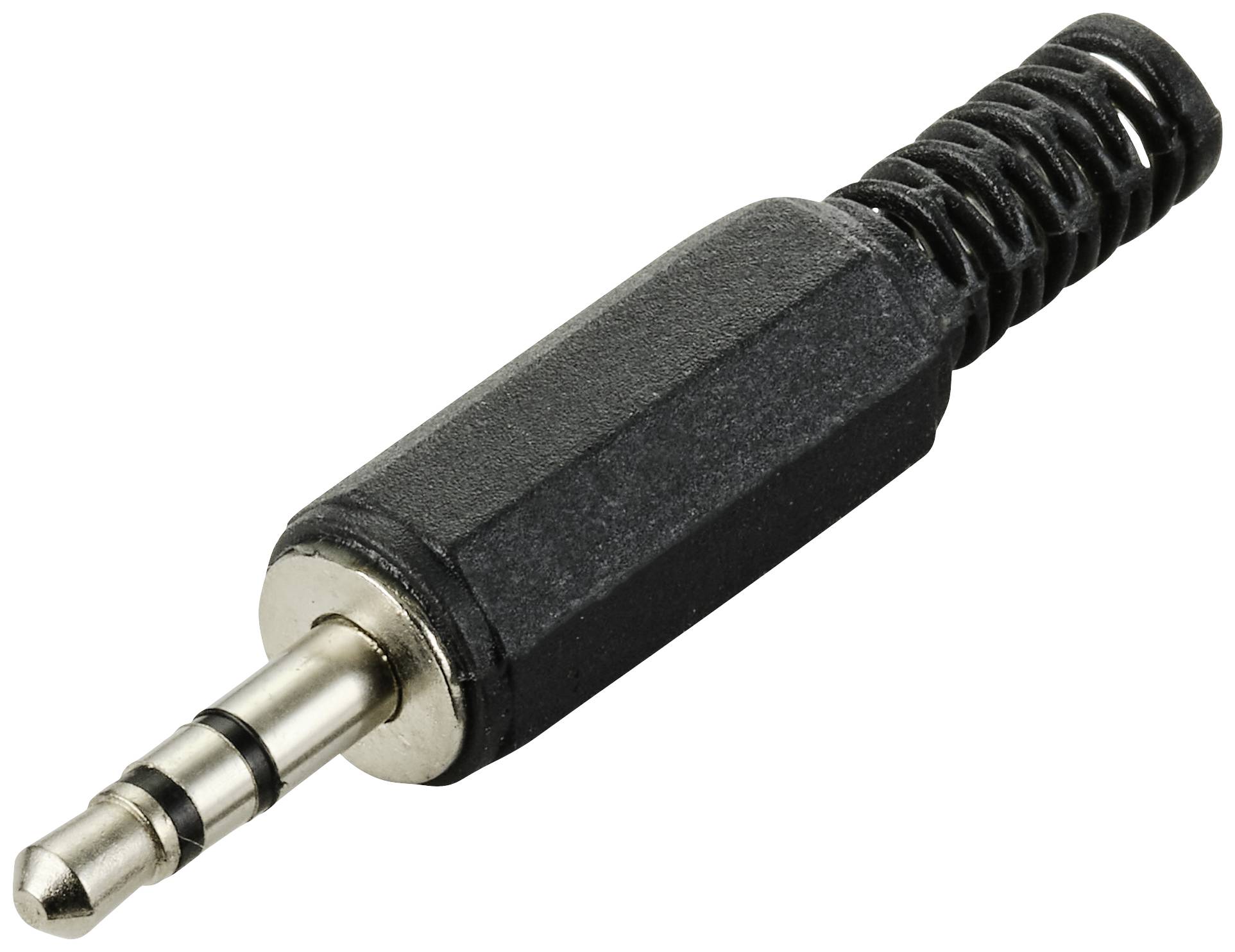 Un connecteur jack noir de 3,5 mm, généralement utilisé pour les appareils audio, est posé sur un fond blanc.