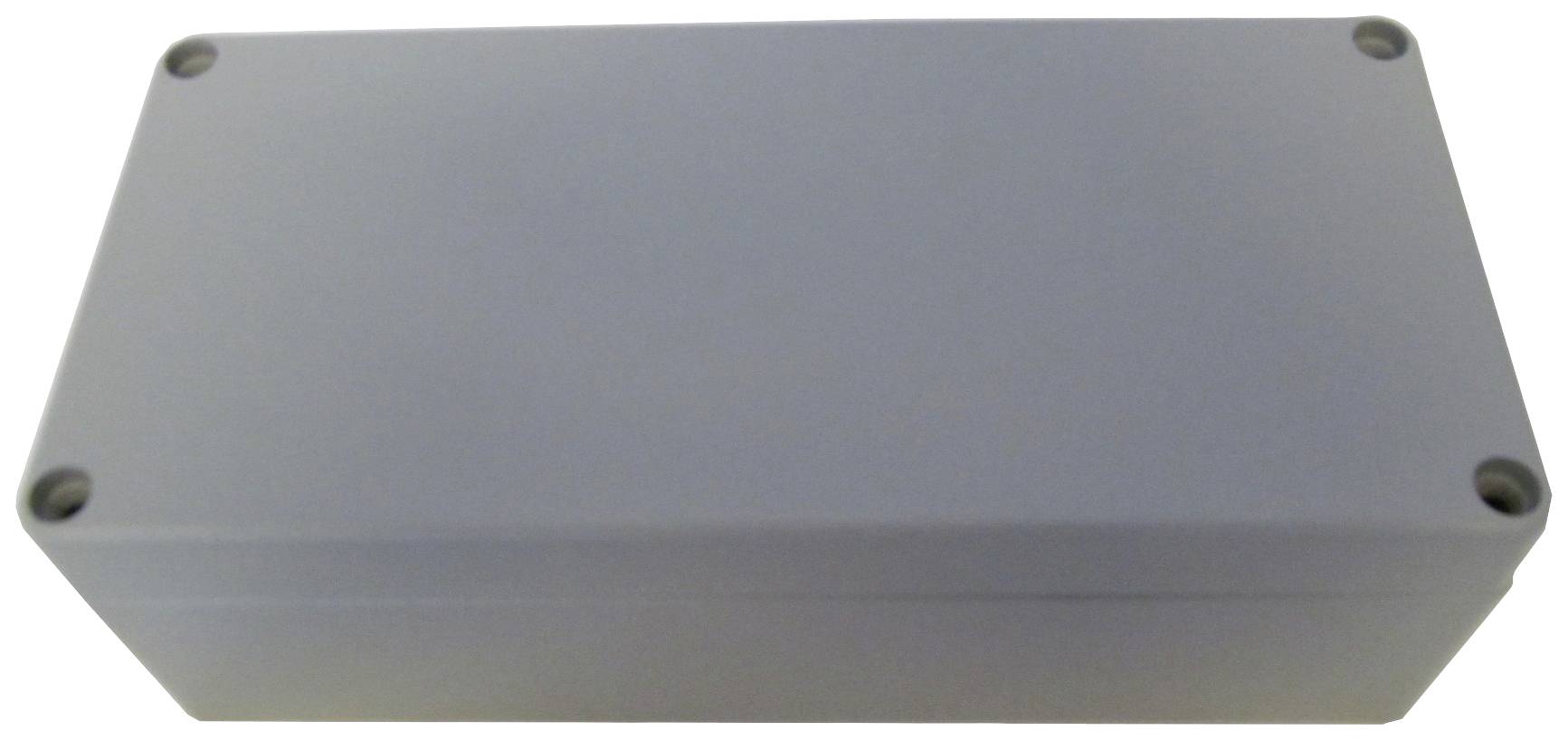 Un boîtier rectangulaire gris en plastique avec des coins arrondis et des fentes sur les côtés.