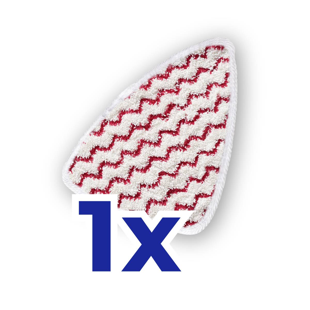 Un tampon de serpillière vapeur rouge et blanc avec un texte bleu '1x' indiquant le nombre de tampons inclus.