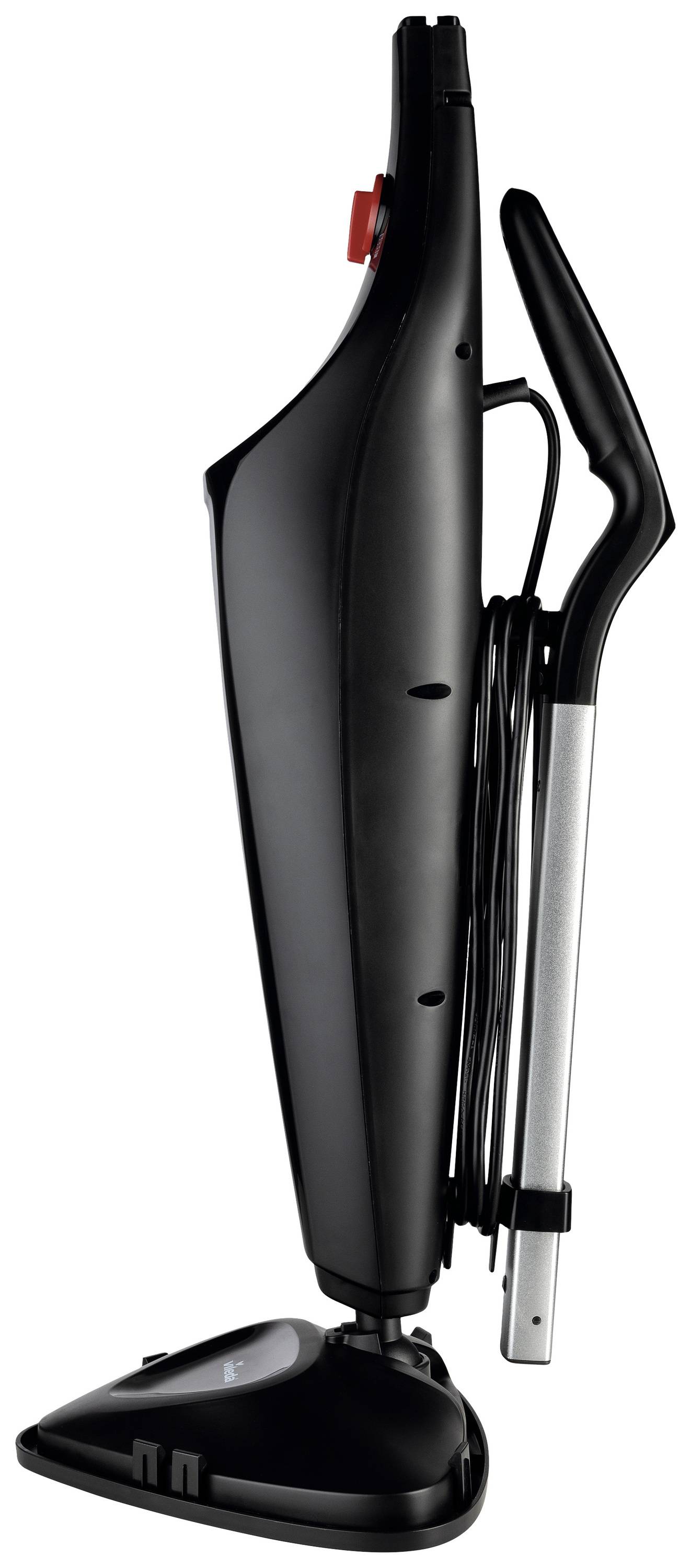 Balai vapeur noir, debout verticalement avec poignée visible et enroulement de câble. Adapté pour le nettoyage des sols.