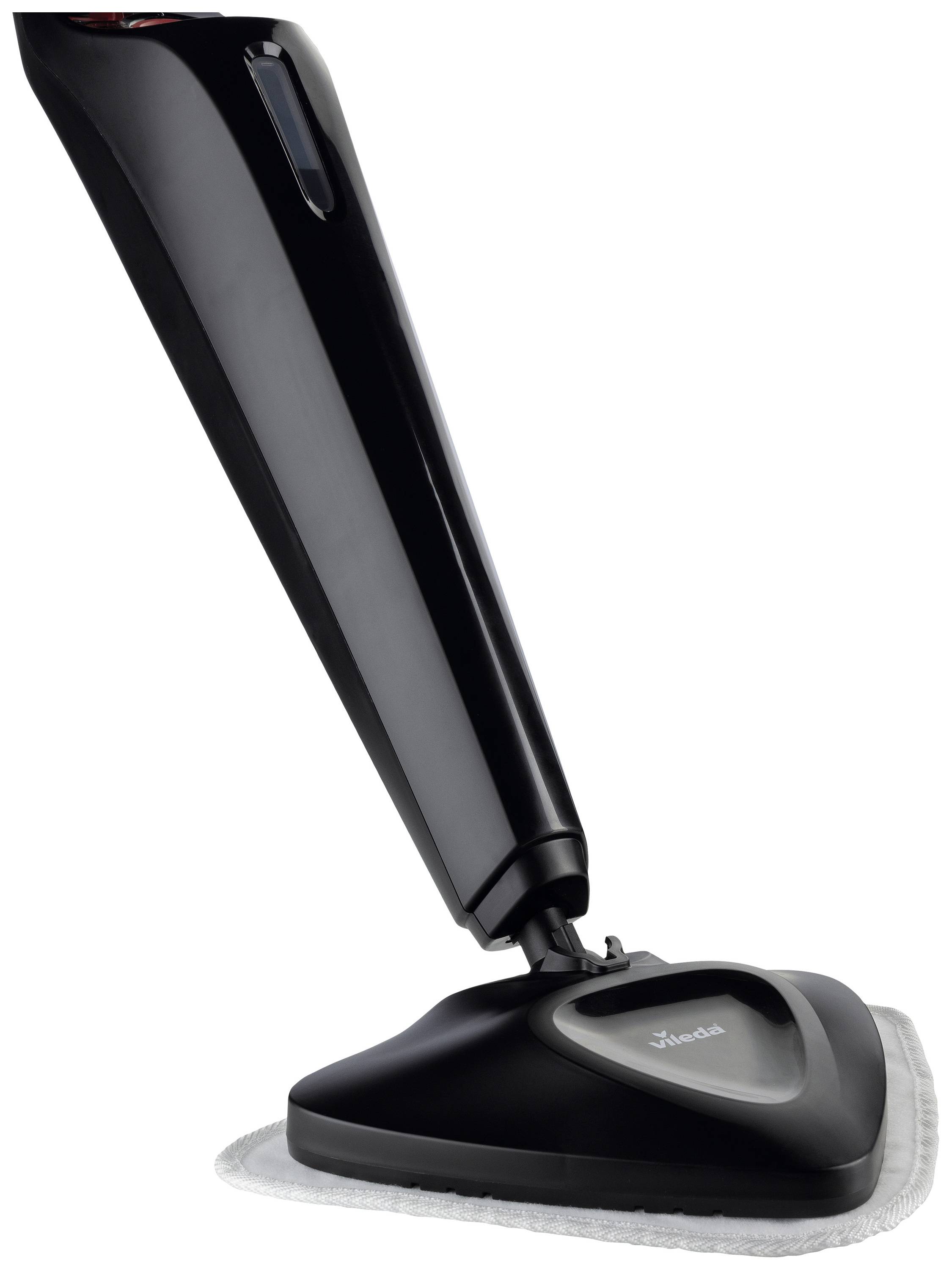 Un nettoyeur vapeur noir avec une base triangulaire est debout. Il est utilisé pour nettoyer les sols.