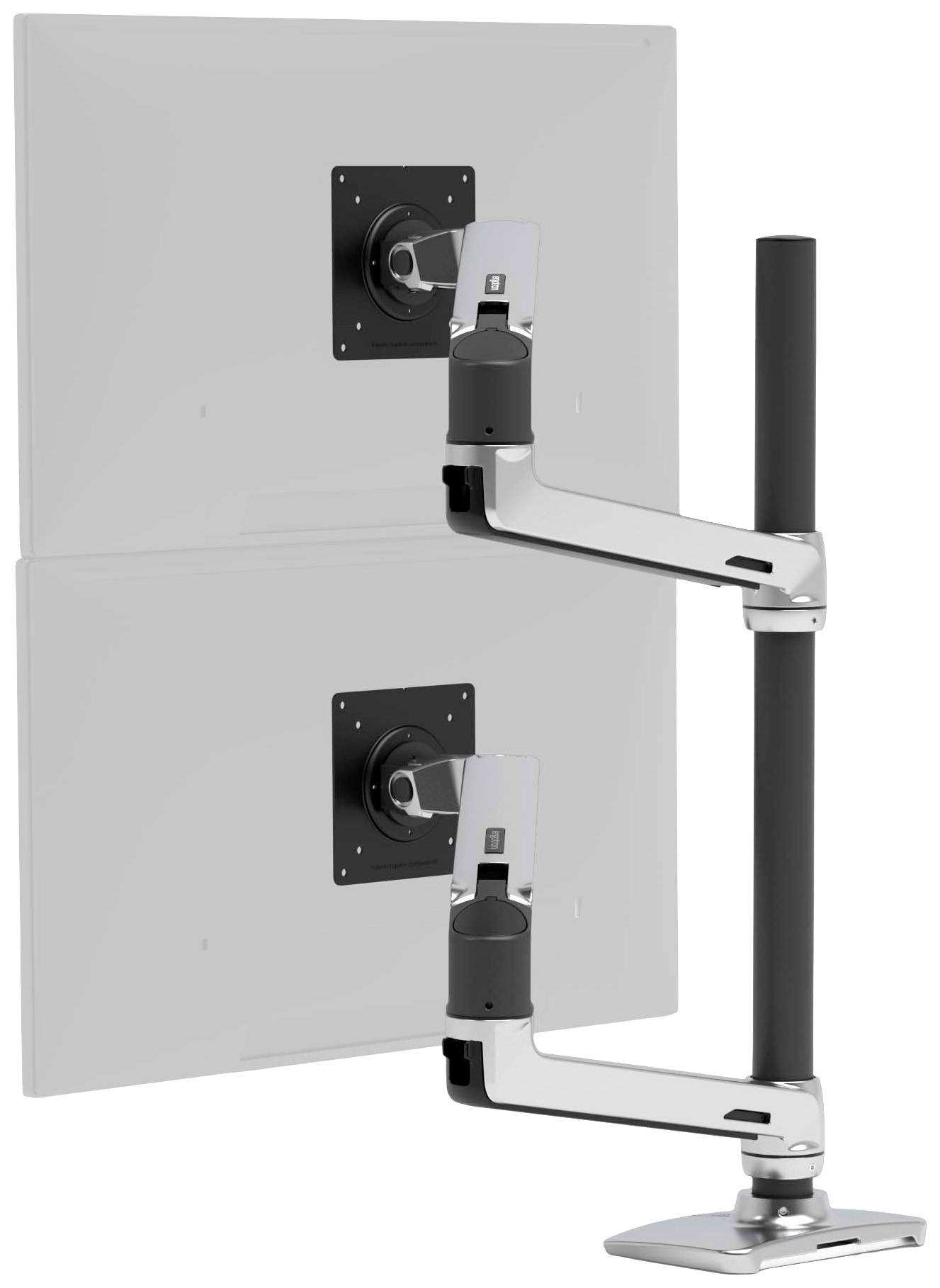 Deux écrans montés sur un support de moniteur à double bras réglable en hauteur.