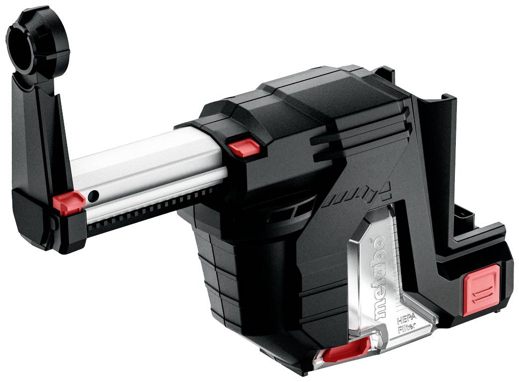 Adaptateur d'aspirateur pour perceuses avec boîtier noir et tube en plastique argenté, conçu pour l'aspiration des poussières lors du perçage.