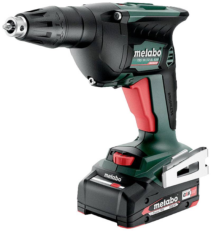 Visseuse sans fil de la marque Metabo, modèle TBS 18 LTX BL I, noir et vert avec déclencheur rouge, avec batterie amovible et clip de ceinture.