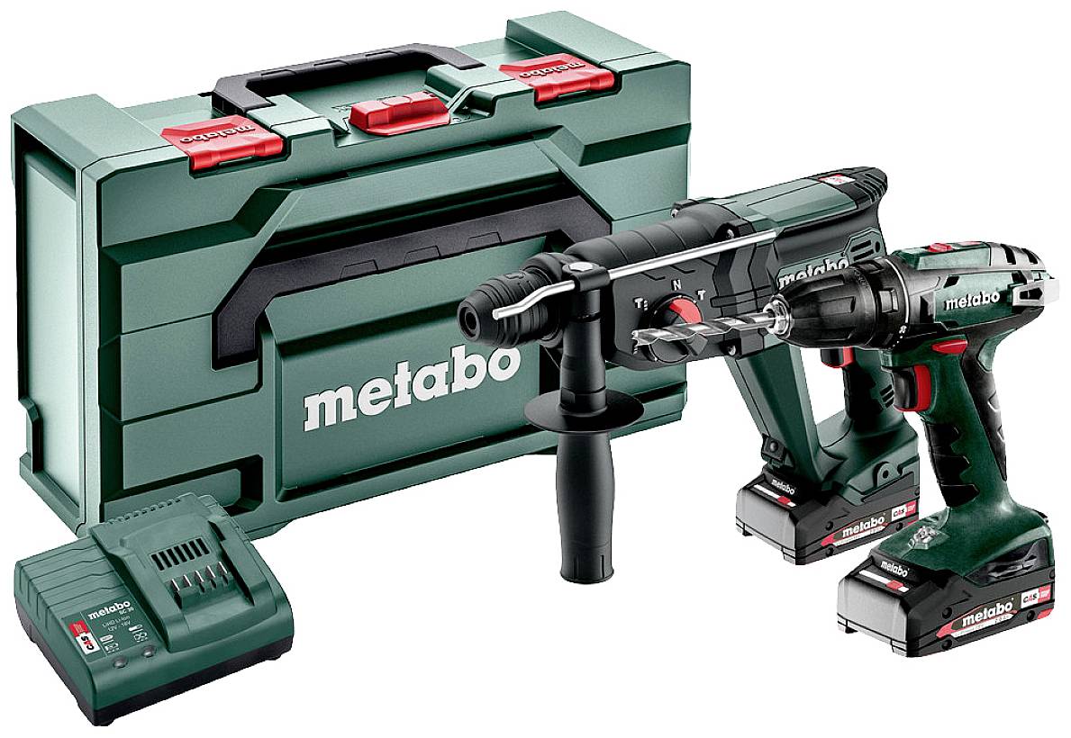 Ensemble de visseuses sans fil avec deux perceuses vertes, un chargeur et un coffret de rangement robuste de la marque Metabo.