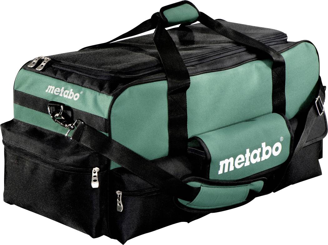 Sac à outils vert et noir avec fermetures à glissière et sangles de transport, logo de marque 'metabo' visible sur le côté.