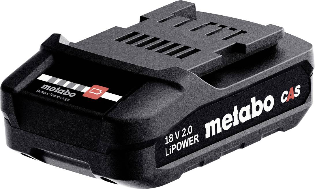 Pack de batterie Metabo, modèle Li-Power 18V avec une capacité de 2,0 Ah. Boîtier noir avec un accent rouge et le nom de la marque imprimé.