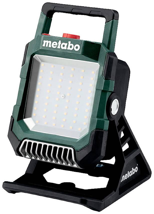 Projecteur LED portable Metabo avec poignée de transport, boîtier noir et marquage de marque 'metabo'. Utilisé pour l'éclairage de chantier.