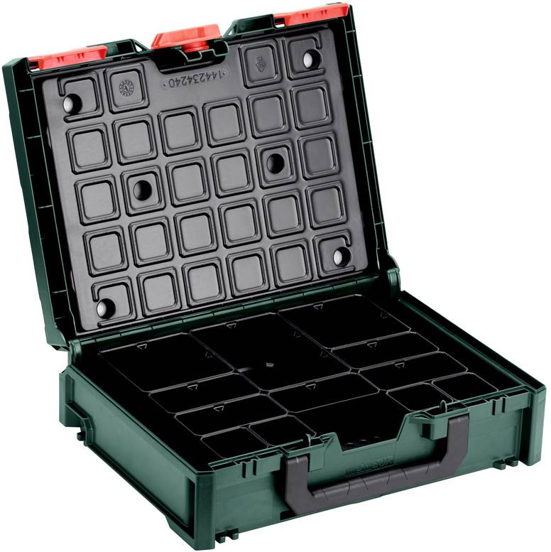 Boîte à outils verte, ouverte, avec compartiments pour le rangement, poignée de transport noire, adaptée au stockage organisé de petites pièces.