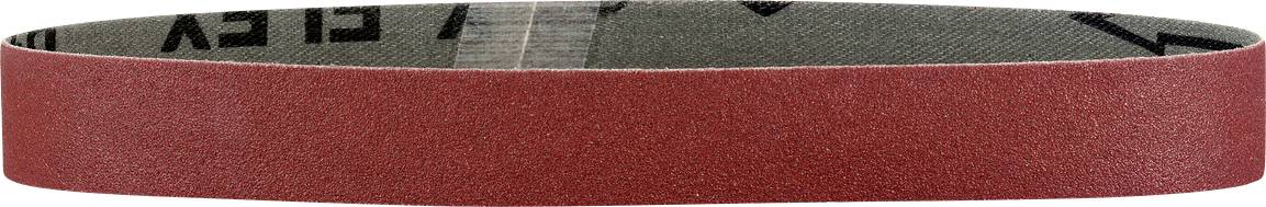Bande abrasive rouge, de forme ovale, en matériau abrasif pour machines à poncer ; adaptée pour le travail du bois ou des métaux.