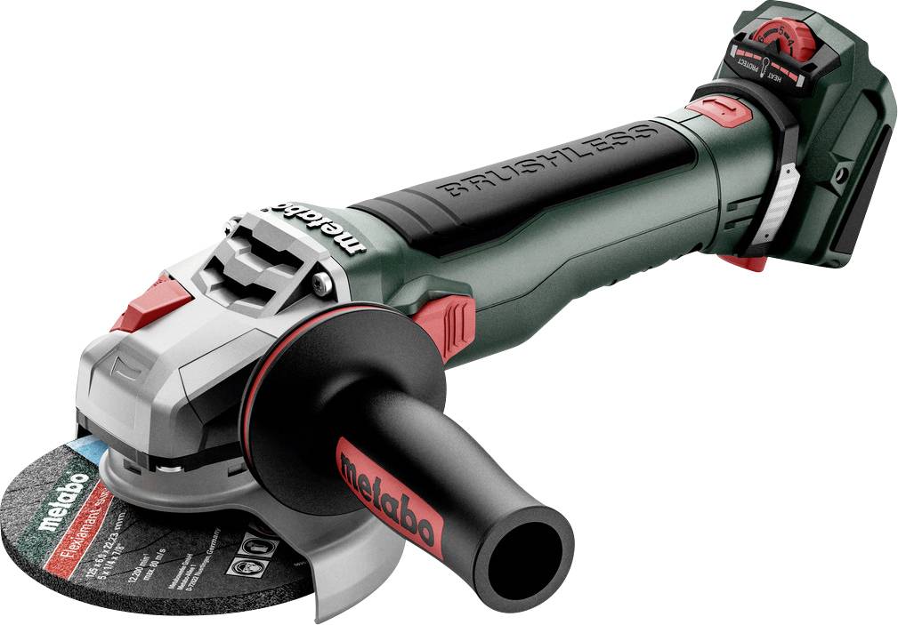 Meuleuse d'angle sans fil en noir et vert de Metabo. Une poignée à gauche, la batterie à droite. Pour meuler et couper.