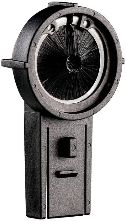 Un pinceau rond logé dans un boîtier, monté sur un socle rectangulaire.