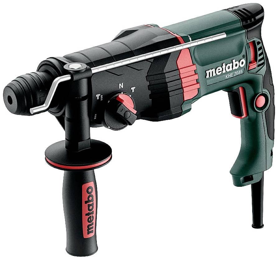 Perceuse Metabo KHE 2645, boîtier noir et vert, poignée et commandes rouges, avec poignée supplémentaire ; adaptée aux travaux de construction.