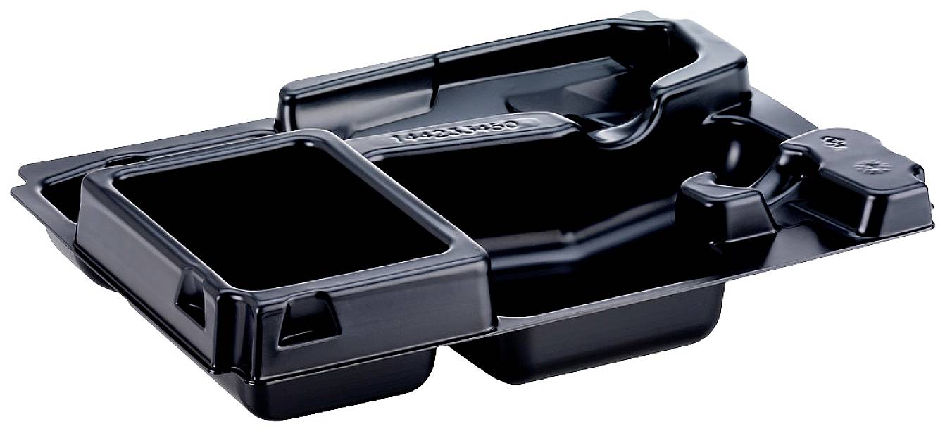 Pièce moulée en plastique noir avec plusieurs compartiments, poignée et bord surélevé. Utilisée comme insert pour emballages ou transport.