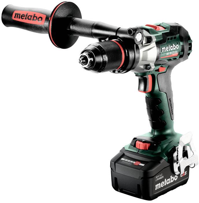 Perceuse-visseuse sans fil Metabo avec poignée supplémentaire et grand pack batterie, modèle 'BS 18 LTX-3 BL Q I', en noir et vert.