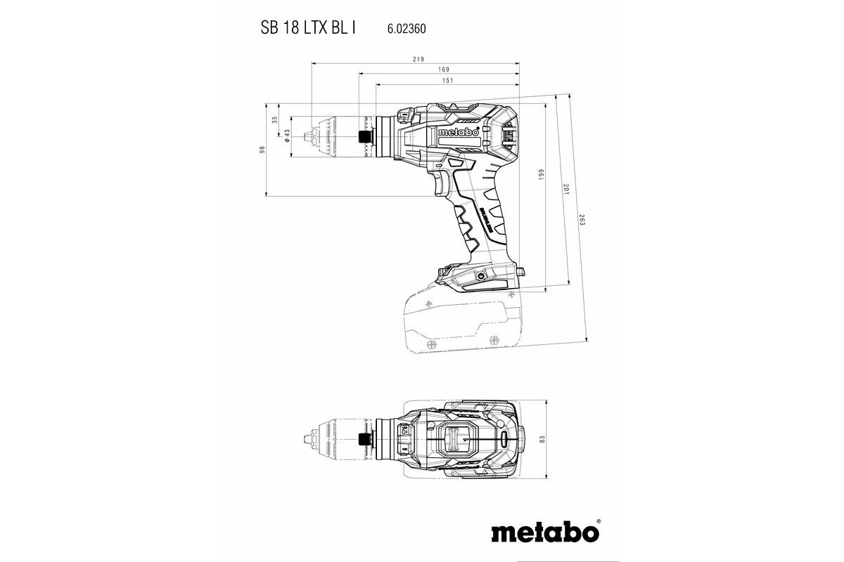 'Plan technique d'un perceuse-visseuse sans fil Metabo SB 18 LTX BL I avec dimensions. Vue latérale et vue supérieure présentées.'