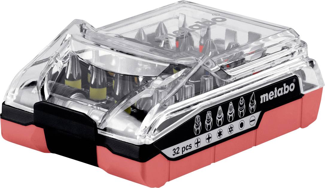 Un étui en plastique transparent contenant des embouts et des douilles de tournevis ; contenu : 32 pièces, marque Metabo, dans un boîtier rouge.