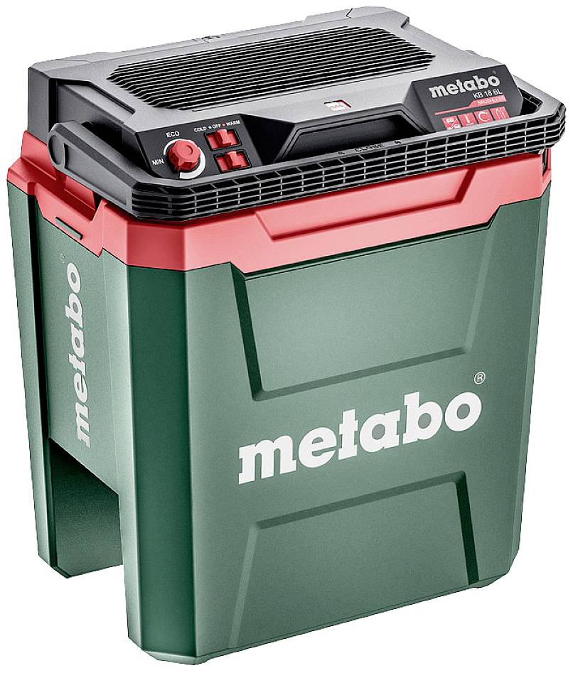Aspirateur industriel en vert et rouge de la marque 'metabo', reconnaissable à ses boutons de commande et ses fentes de ventilation en haut de l'appareil.