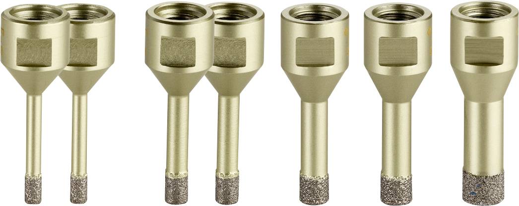 Six couronnes de forage dorées alignées, chacune avec des tiges de longueurs différentes et des pointes serties de diamants, sont dressées verticalement.