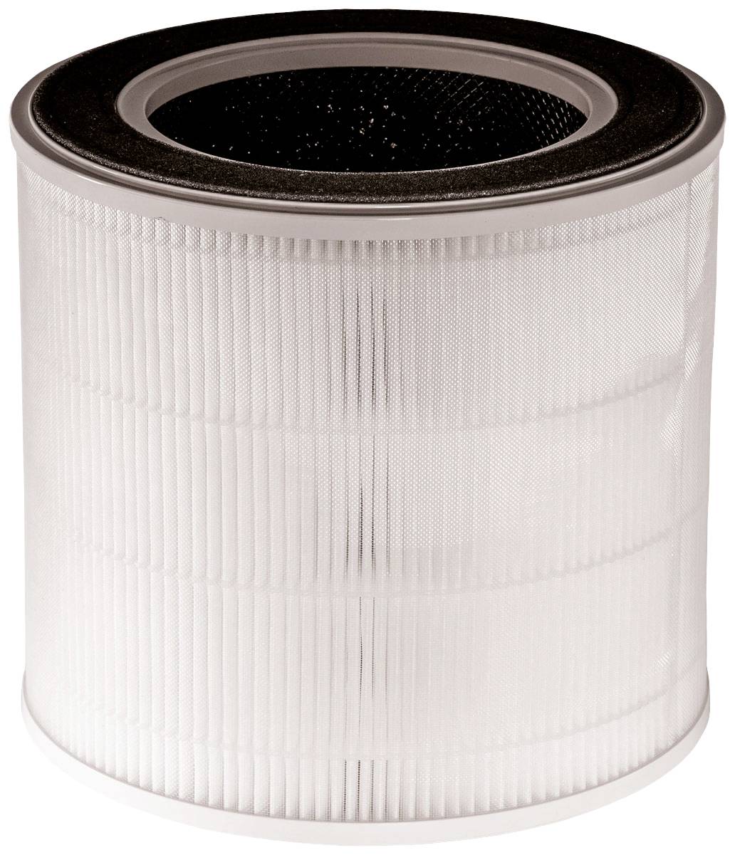 Un filtre HEPA rond utilisé pour la purification de l'air, en matériau blanc plissé avec un bord foncé sur le dessus.