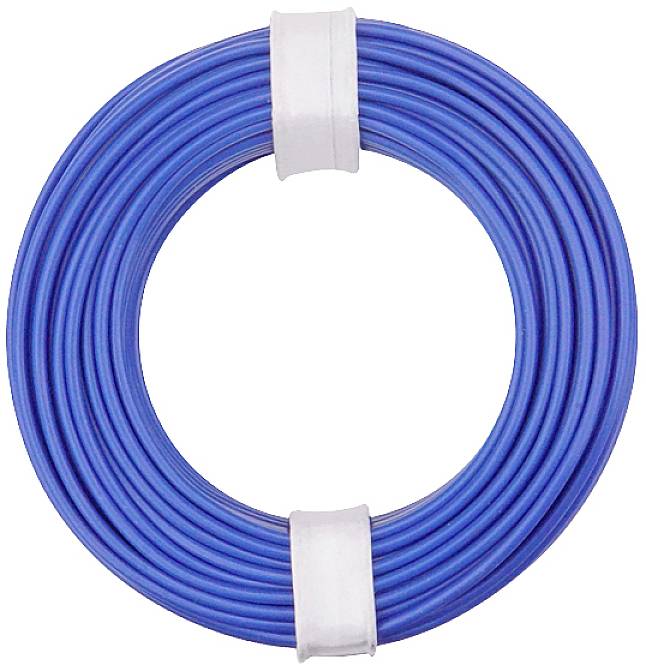 Une bobine de câble bleue enroulée avec des supports de maintien blancs. Elle est soigneusement enroulée et prête à être utilisée.